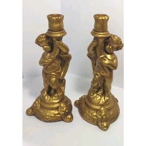 Set Of 2 VTG Gold Cherub Candleholder Candle Stick Chalk ware 13”